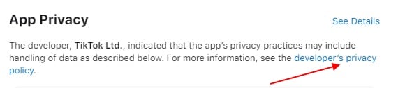 TikTok Apple App Store listing: Developer Privacy Policy link highlighted