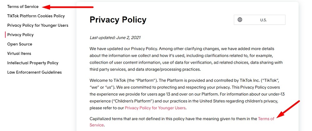 TikTok Privacy Policy with Terms of Service links highlighted