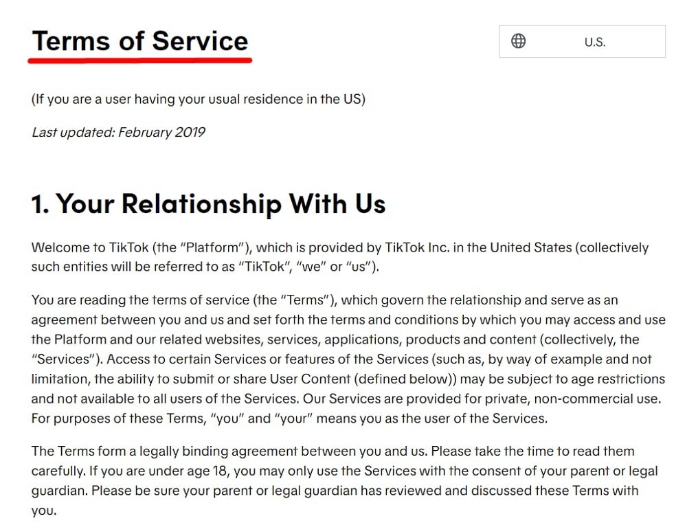 TikTok Terms of Service: Intro clause