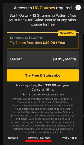 Ultimate Guitar mobile app Subscribe screen with Terms of Service link highlighted