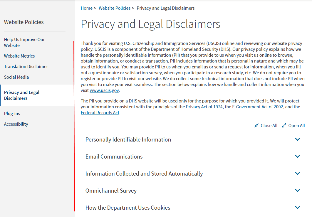 USA Citizen and Immigration Services Privacy and Legal Disclaimers: Intro screenshot updated