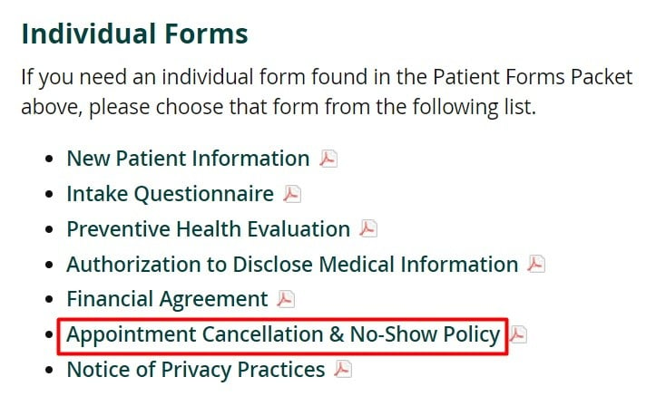 WellSpring Family Practice Patient Center: Forms section with Appointment Cancellation and No-Show Policy link highlighted