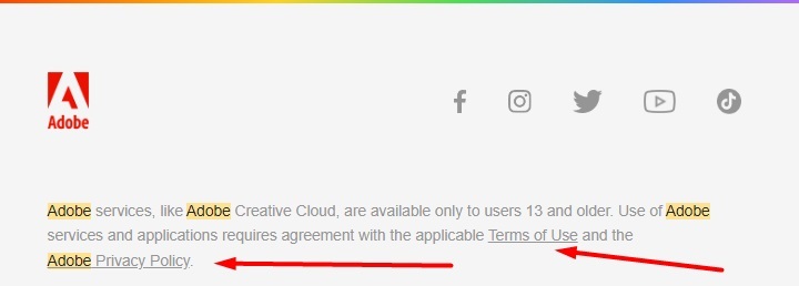 Adobe email footer with Terms of Use and Privacy Policy links highlighted
