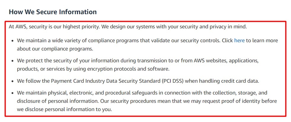 Amazon Web Services Privacy Notice: How We Secure Information clause