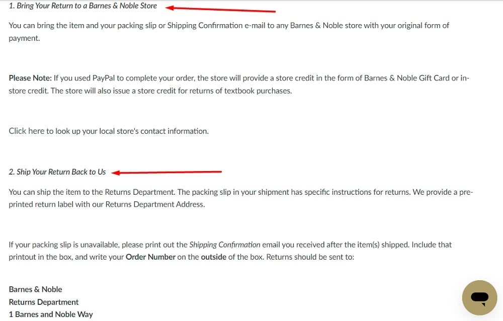 Barnes and Noble Refund and Returns Policies: Store and shipping return options highlighted