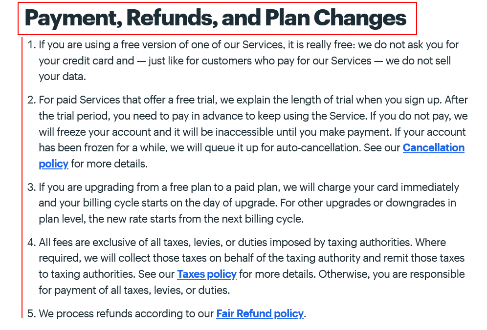 Basecamp Terms of Use: Payment Refunds and Plan Changes clause