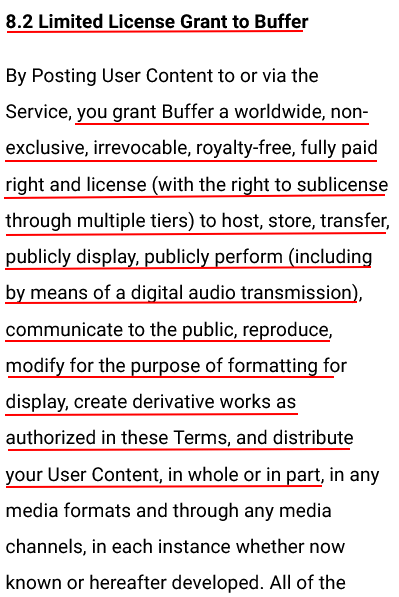 Buffer Terms of Service: User Generated Content clause - License to Display and Distribute section highlighted