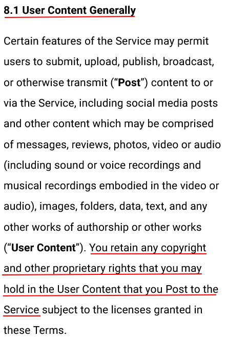Buffer Terms of Service: User Generated Content clause - Retain copyright section highlighted