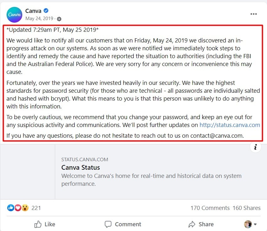 Screenshot of Canva Facebook post about security system being hacked