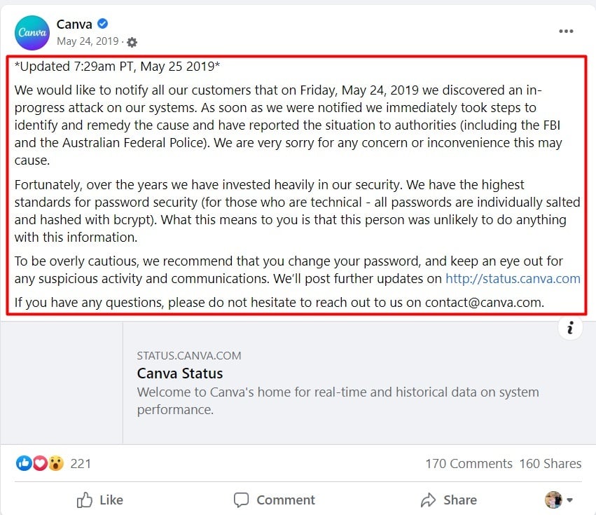 Screenshot of Canva Facebook post about security system being hacked