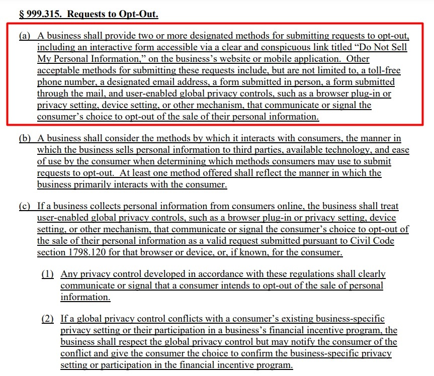 CCPA Section 999 315: Requests to Opt-Out with Do Not Sell section highlighted