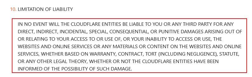 Cloudflare Terms of Use Limitation of Liability clause