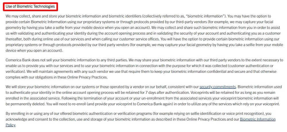 Comerica Online Privacy Practices and Privacy Notice: Use of Biometric Technologies clause