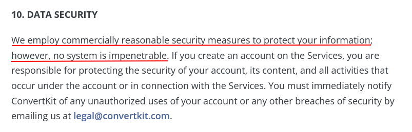 ConvertKit Privacy Policy: Data Security clause