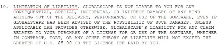 CuteFTP EULA: Limitation of Liability clause