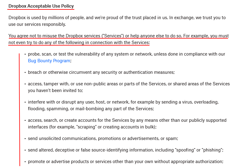 Dropbox Acceptable Use Policy excerpt