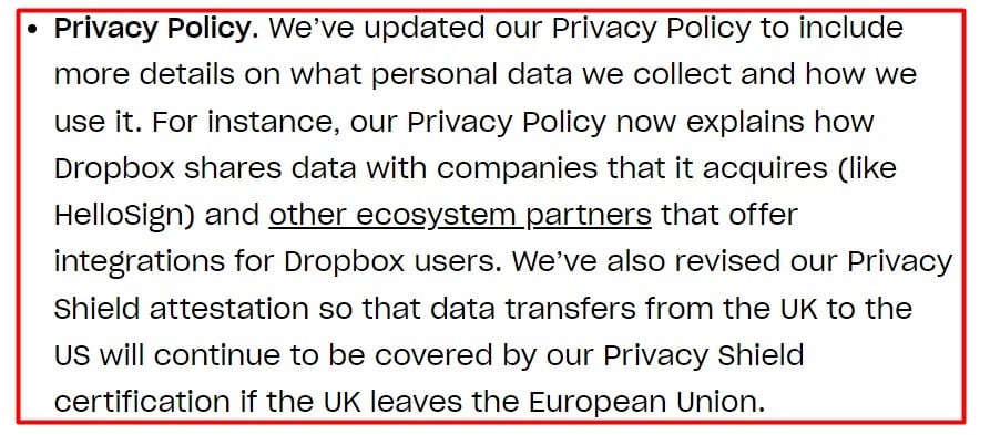 Dropbox blog: Updates to Agreements article - Privacy Policy section