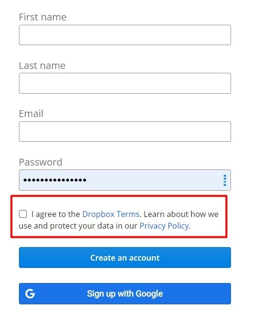 Dropbox Create Account form with clickwrap to agree checkbox highlighted
