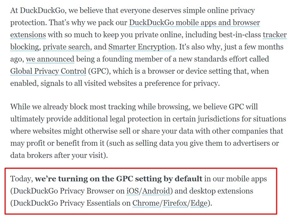 DuckDuckGo GPC Page with setting by default section highlighted