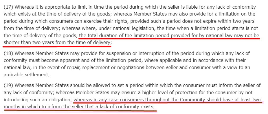 EUR lex Directive 1999 44: Section 17 and 19 highlighted