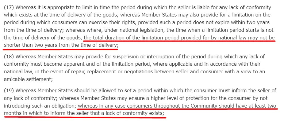 EUR lex Directive 1999 44: Section 17 and 19 highlighted