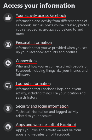 Facebook Access Information list excerpt