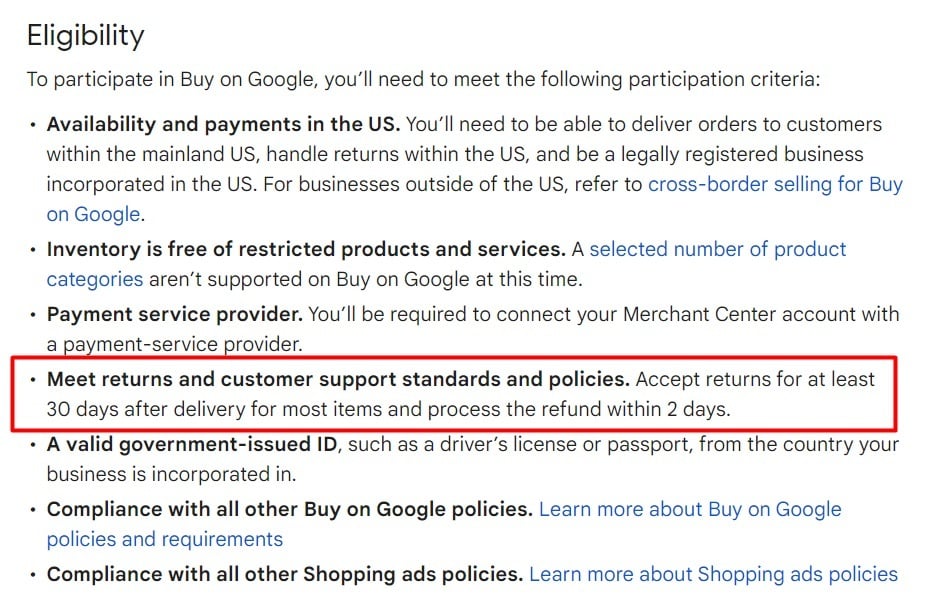 Google Merchant Center Help: About Buy on Google - Eligibility section