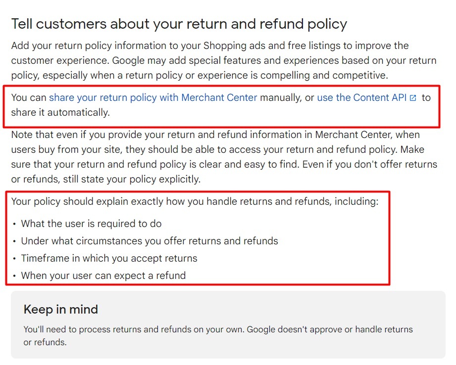 Google Merchant Center Help: Onboarding Guide - Follow the Merchant Center Guidelines page - Tell customers about your return and refund policy section