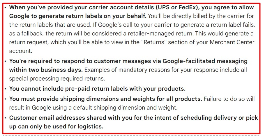 Google Merchant Center Help: Return settings requirements for Buy on Google - Additional Policies section
