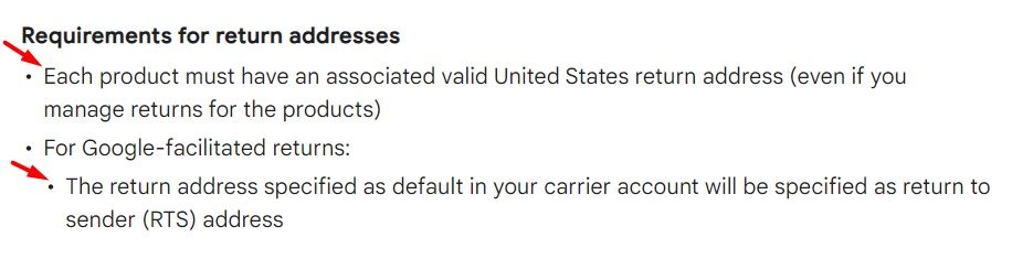 Google Merchant Center Help: Return settings requirements for Buy on Google - Requirements for return addresses section