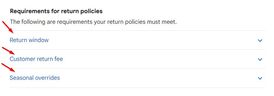 Google Merchant Center Help: Return settings requirements for Buy on Google - Requirements for return policies section
