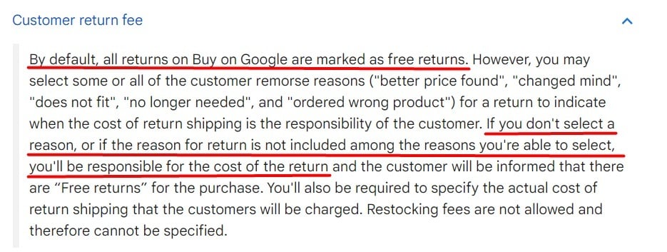 Google Merchant Center Help: Return settings requirements for Buy on Google - Customer return fee section