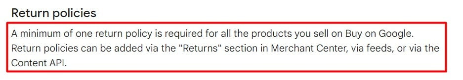 Google Merchant Center Help: Return settings requirements for Buy on Google - Return Policies section