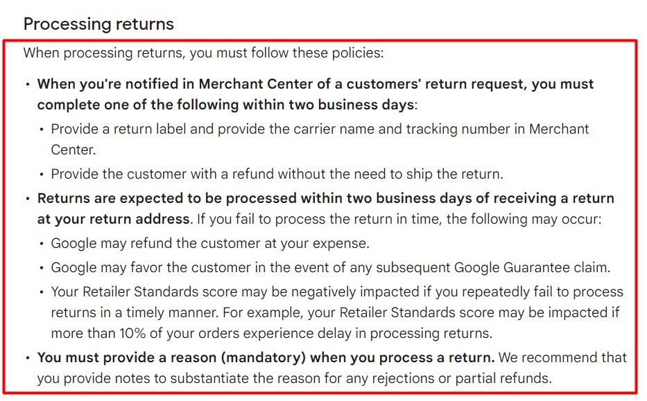 Google Merchant Center Help: Return settings requirements for Buy on Google - Processing returns section