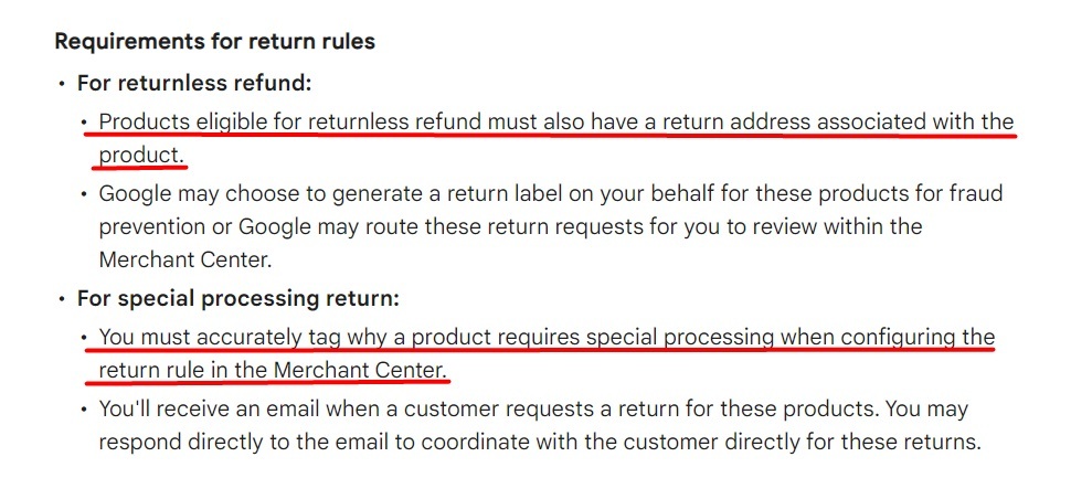 Google Merchant Center Help: Return settings requirements for Buy on Google - Requirements for return rules section
