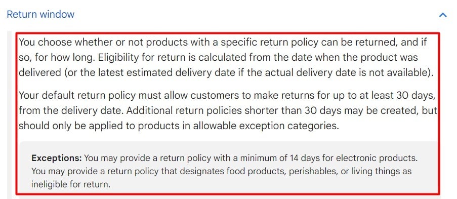 Google Merchant Center Help: Return settings requirements for Buy on Google - Return window section