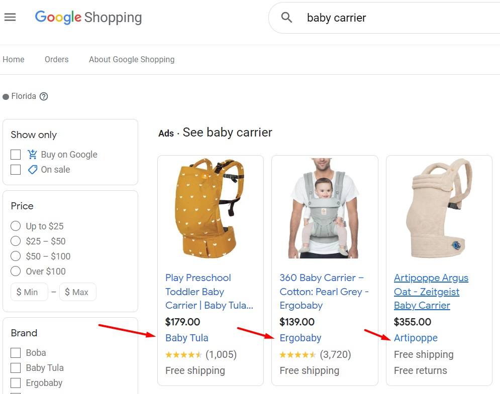 Screenshot of Google Shopping search results