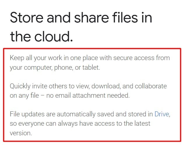 Google Workspace website: Store and share files in the cloud section