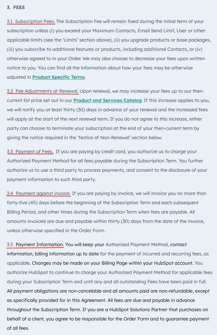 HubSpot Terms of Service: Fees clause