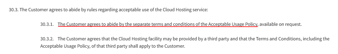 Intergage Terms and Conditions: Cloud Hosting Service clause - Acceptable use policy section highlighted