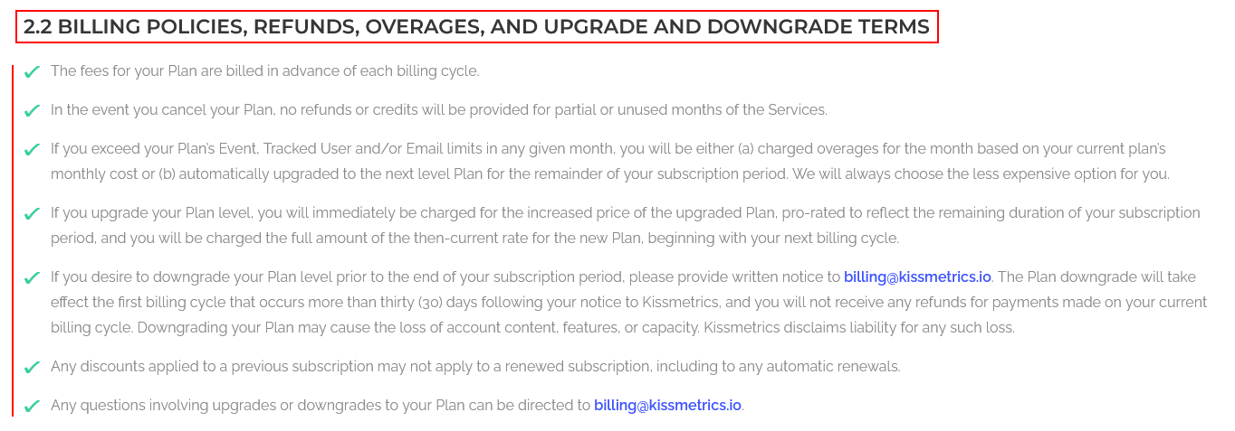 Kissmetrics Terms of Use: Billing Policies Refunds Overages and Upgrade and Downgrade clause