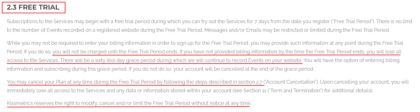 Kissmetrics Terms of Use: Free Trial clause