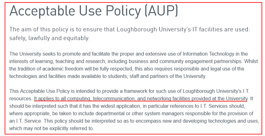 Loughborough University Acceptable Use Policy: Intro clause with scope section highlighted