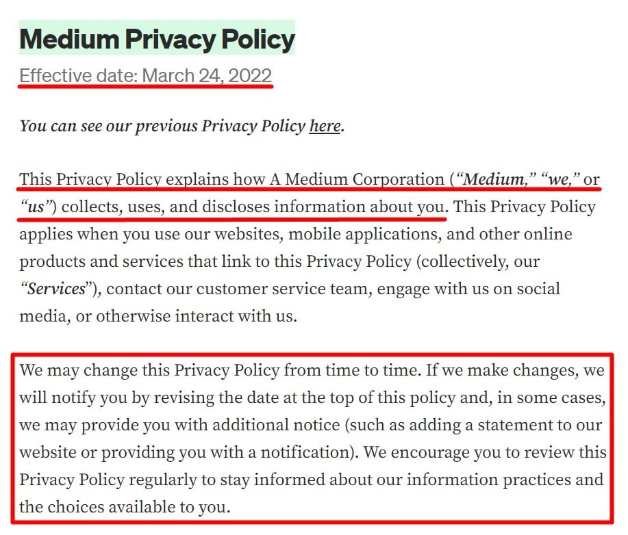 Medium Privacy Policy with intro section