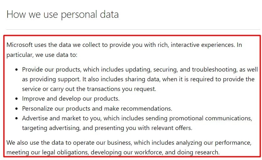 Microsoft Privacy Statement: How we use data collected clause