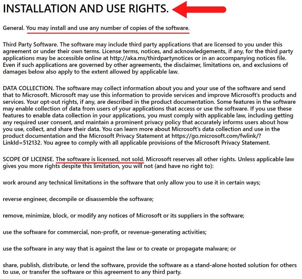 Microsoft Windows Virtual Desktop EULA: Installation and Use Rights clause excerpt
