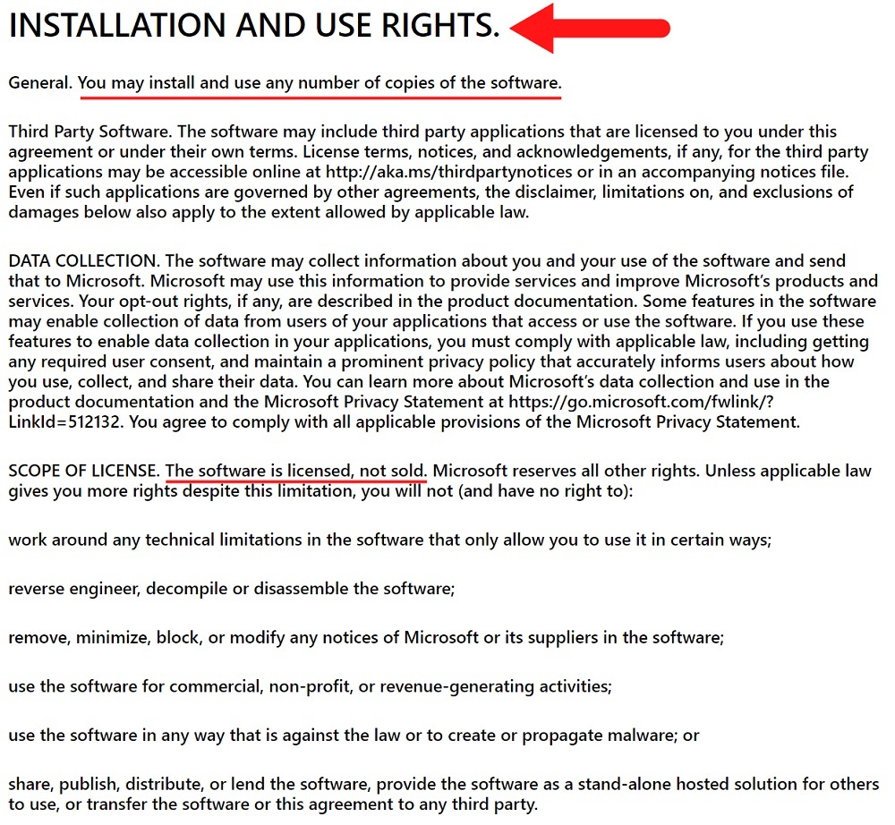 Microsoft Windows Virtual Desktop EULA: Installation and Use Rights clause excerpt