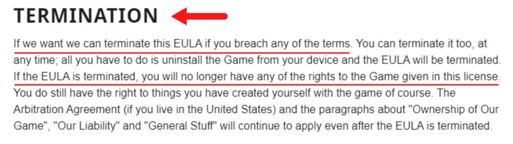 Minecraft EULA: Termination clause