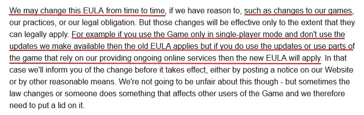 Minecraft EULA: Updates and changes clause