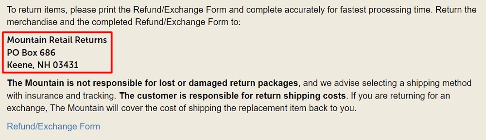 The Mountain Assistance page: Returns section with contact information highlighted